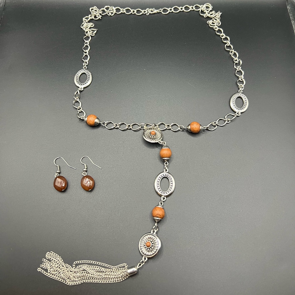 Boho Silver Tone And Brown Womens Necklace And Earring Set Natural Western